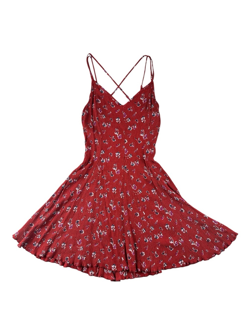 American Eagle Ditsy Floral Ribbed Mini Dress 10 Criss Cross Back Fit Flare - Picture 6 of 9